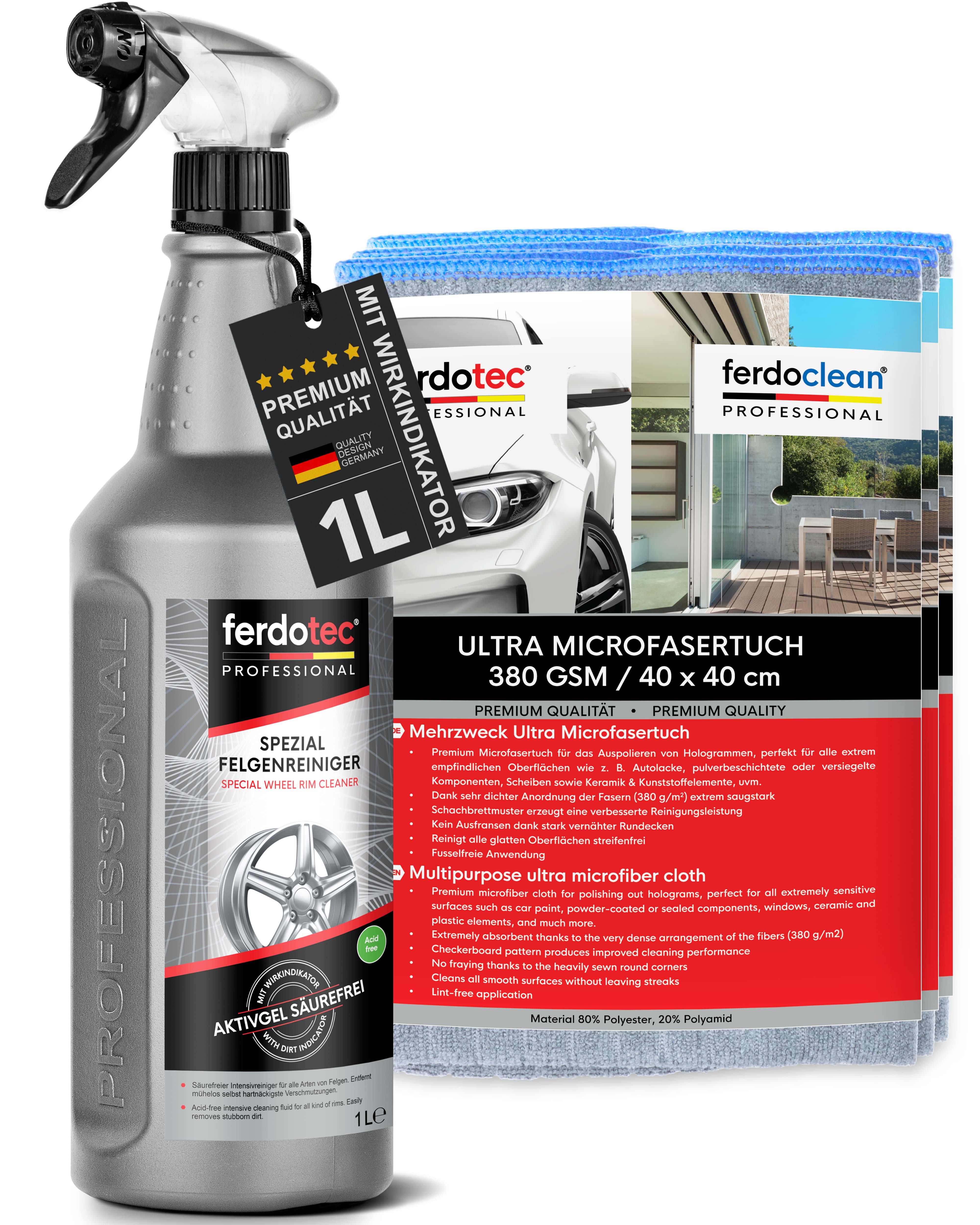 ferdotec Spezial Felgenreiniger 1L + 3 Microfasertuch Blau ferdotec Spezial Felgenreiniger 1L + 3 Microfasertuch Blau
